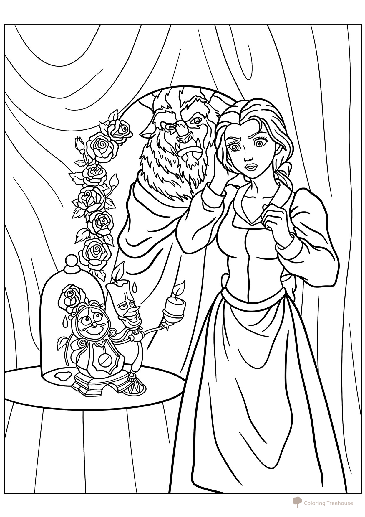 Lumiere and Cogsworth Present Belle with a Rose Coloring Page free printable Beauty and the Beast Coloring Pages coloring page
