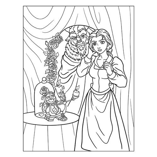 Lumiere and Cogsworth Present Belle with a Rose Coloring Page free printable Beauty and the Beast Coloring Pages coloring page