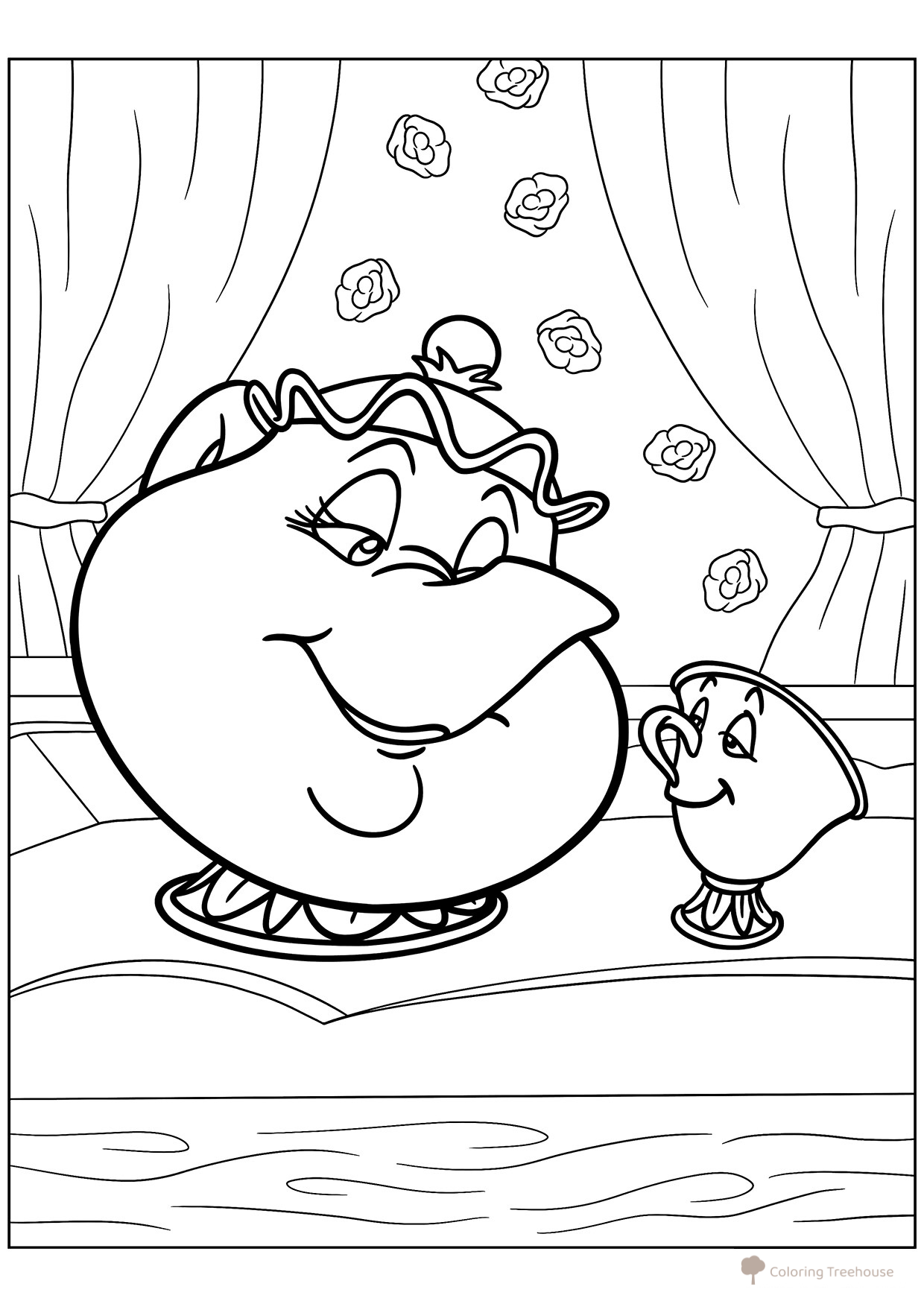 Dibujo para colorear: Mrs. Potts y la taza Chip dibujo para colorear gratis de Páginas para colorear de La Bella y la Bestia