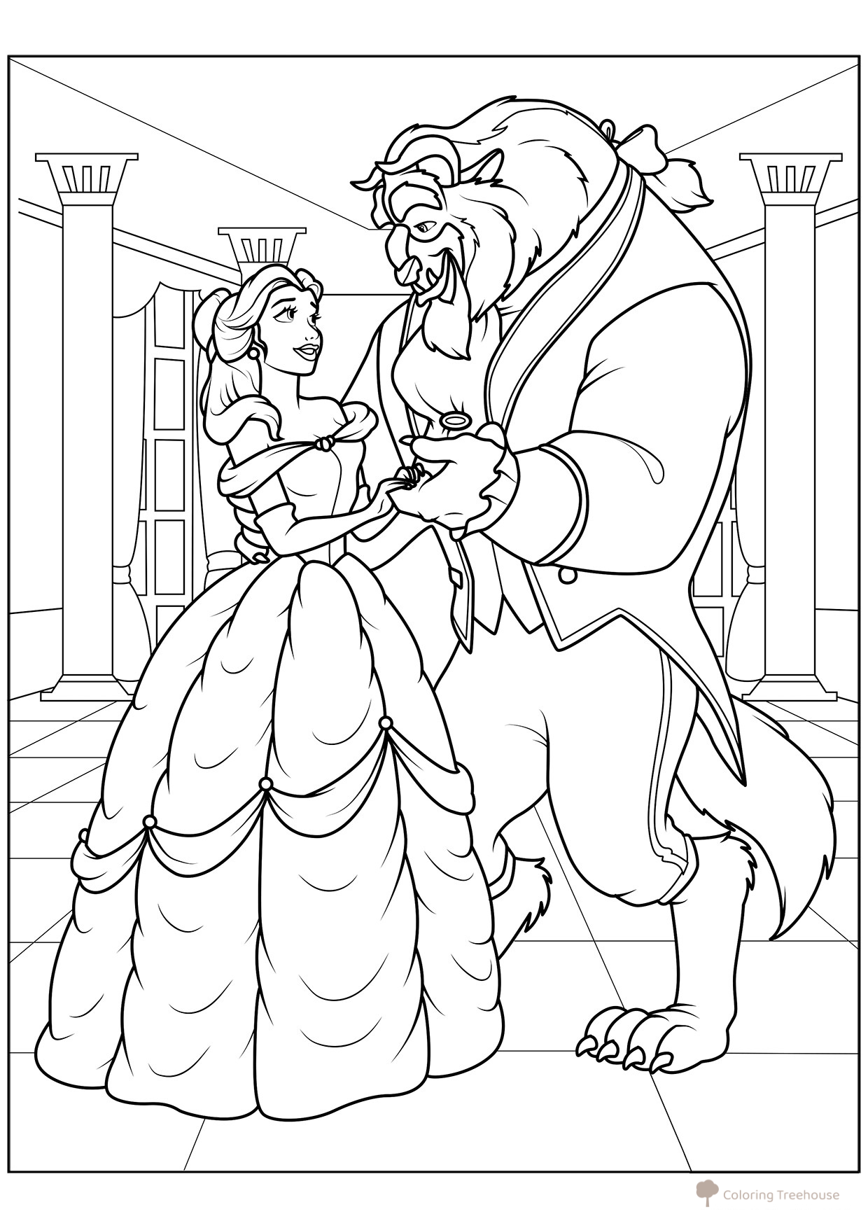 Princess Belle and the Beast Holding Hands Coloring Page free printable Beauty and the Beast Coloring Pages coloring page