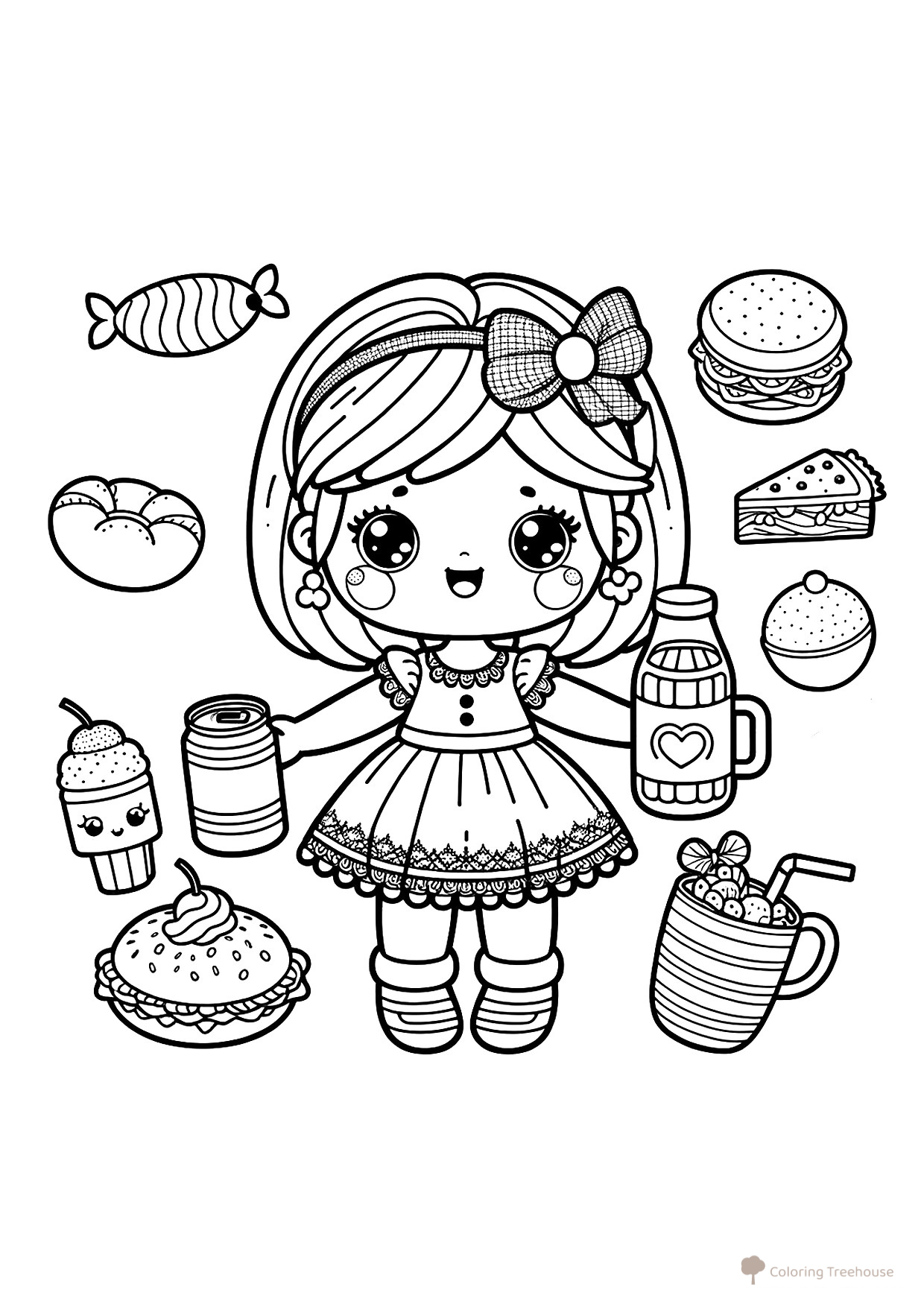 Página para colorear «Muñeca con comida» dibujo para colorear gratis de Páginas para colorear de muñecas