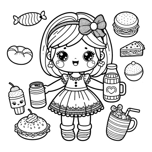 Página para colorear «Muñeca con comida» dibujo para colorear gratis de Páginas para colorear de muñecas