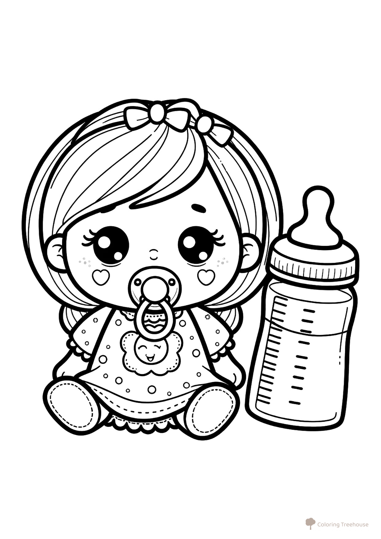 Página para colorear «Muñeca con chupete y biberón» dibujo para colorear gratis de Páginas para colorear de muñecas