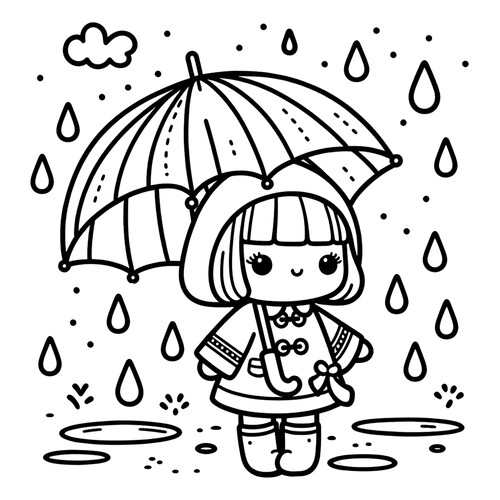 Página para colorear «Muñeca con paraguas bajo la lluvia» dibujo para colorear gratis de Páginas para colorear de muñecas