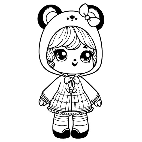Página para colorear «Muñeca con disfraz de panda» dibujo para colorear gratis de Páginas para colorear de muñecas
