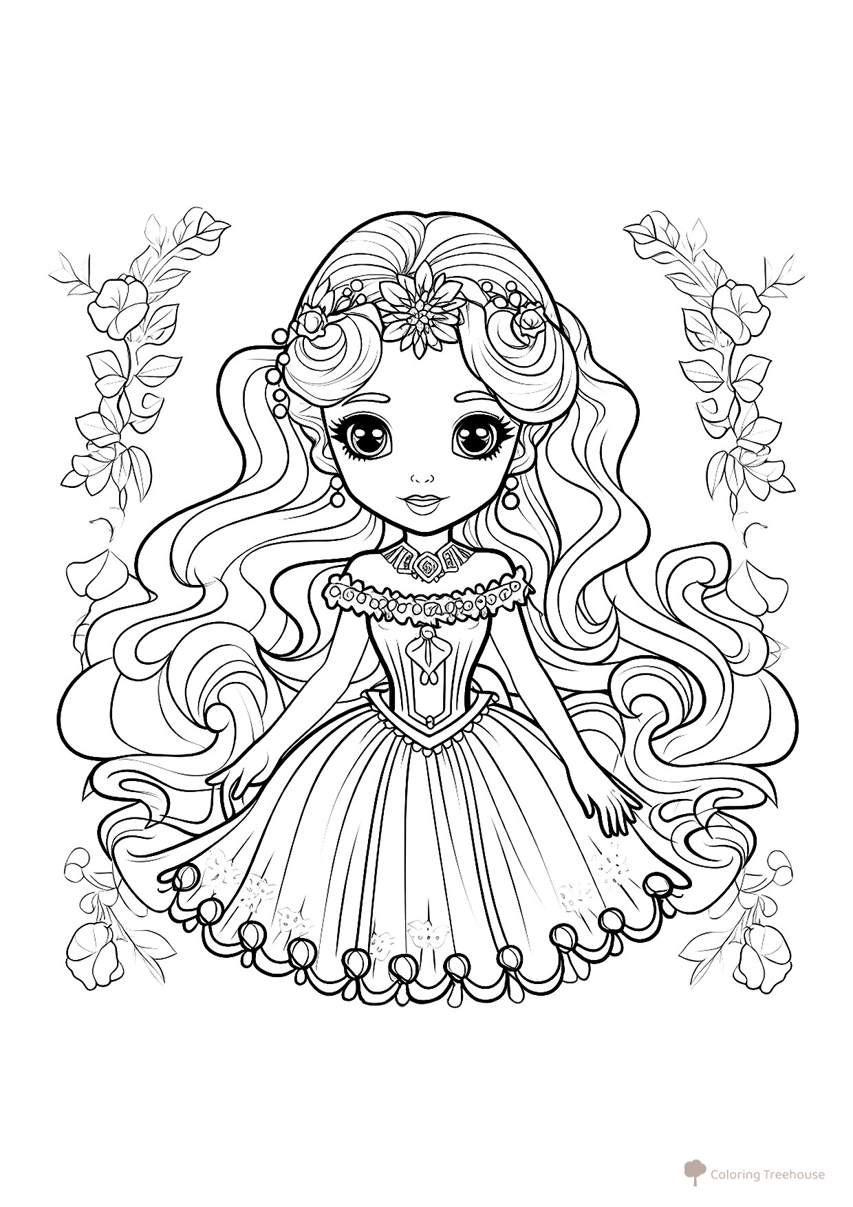 Página para colorear: "Linda muñequita con vestido voluminoso" dibujo para colorear gratis de Páginas para colorear de muñecas