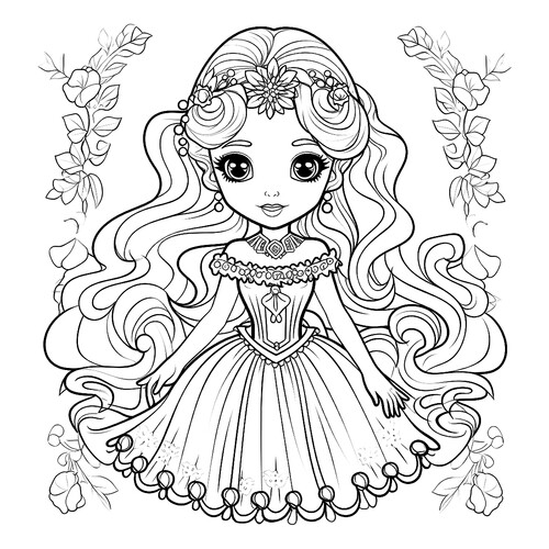 Página para colorear: "Linda muñequita con vestido voluminoso" dibujo para colorear gratis de Páginas para colorear de muñecas