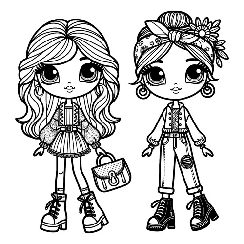 Página para colorear «Muñecas amigas a la moda» dibujo para colorear gratis de Páginas para colorear de muñecas