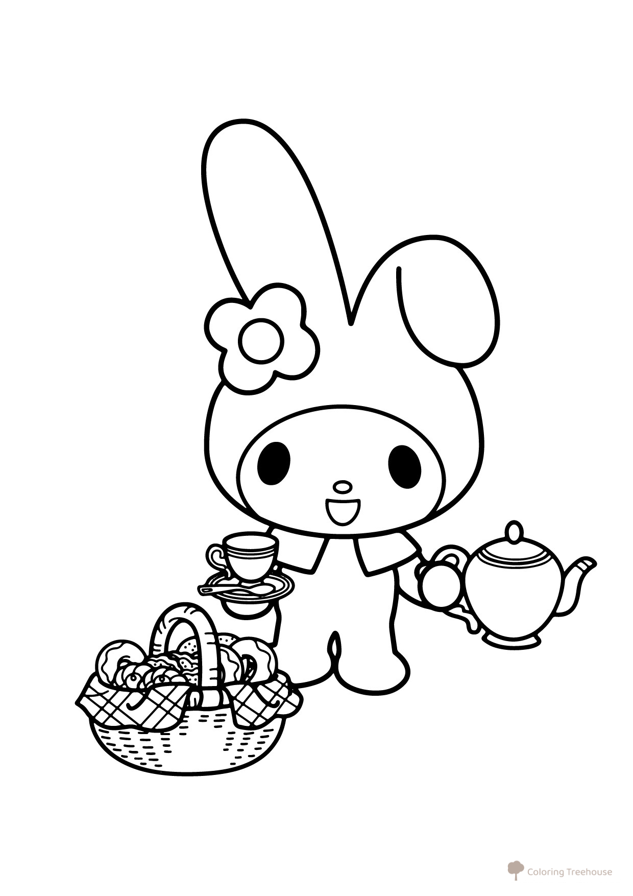 Página para colorear: Conejita con golosinas dibujo para colorear gratis de Dibujos para colorear de Kuromi y My Melody
