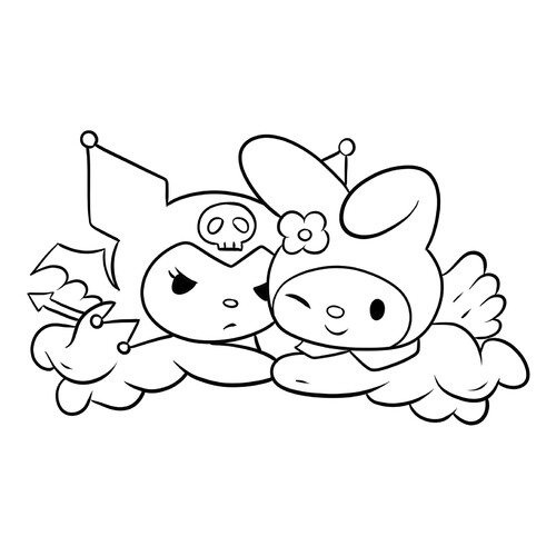 涂色页:My Melody(小天使)拥抱Kuromi(小恶魔) 免费可打印库洛米与美乐蒂 填色页(可打印)涂色页