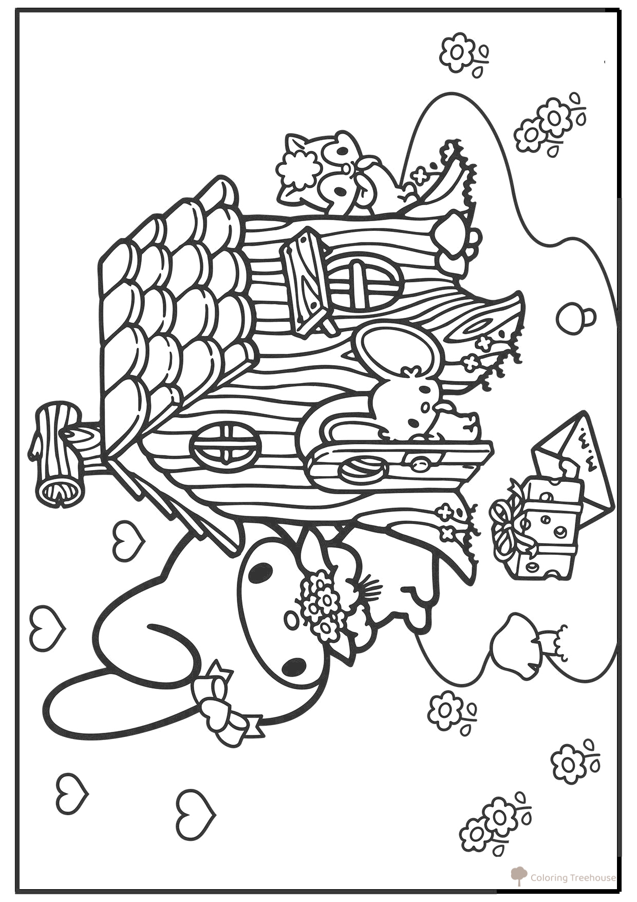 Mayo Melody regala queso a Flat - página para colorear dibujo para colorear gratis de Dibujos para colorear de Kuromi y My Melody