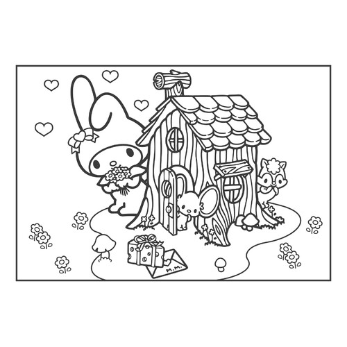Mayo Melody regala queso a Flat - página para colorear dibujo para colorear gratis de Dibujos para colorear de Kuromi y My Melody