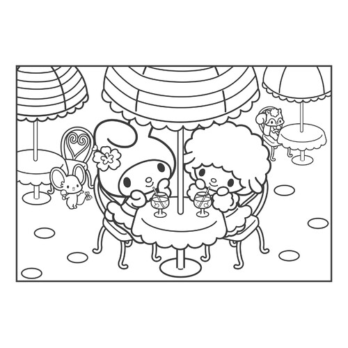 Página para colorear: My Melody y Piano-chan en la cafetería dibujo para colorear gratis de Dibujos para colorear de Kuromi y My Melody