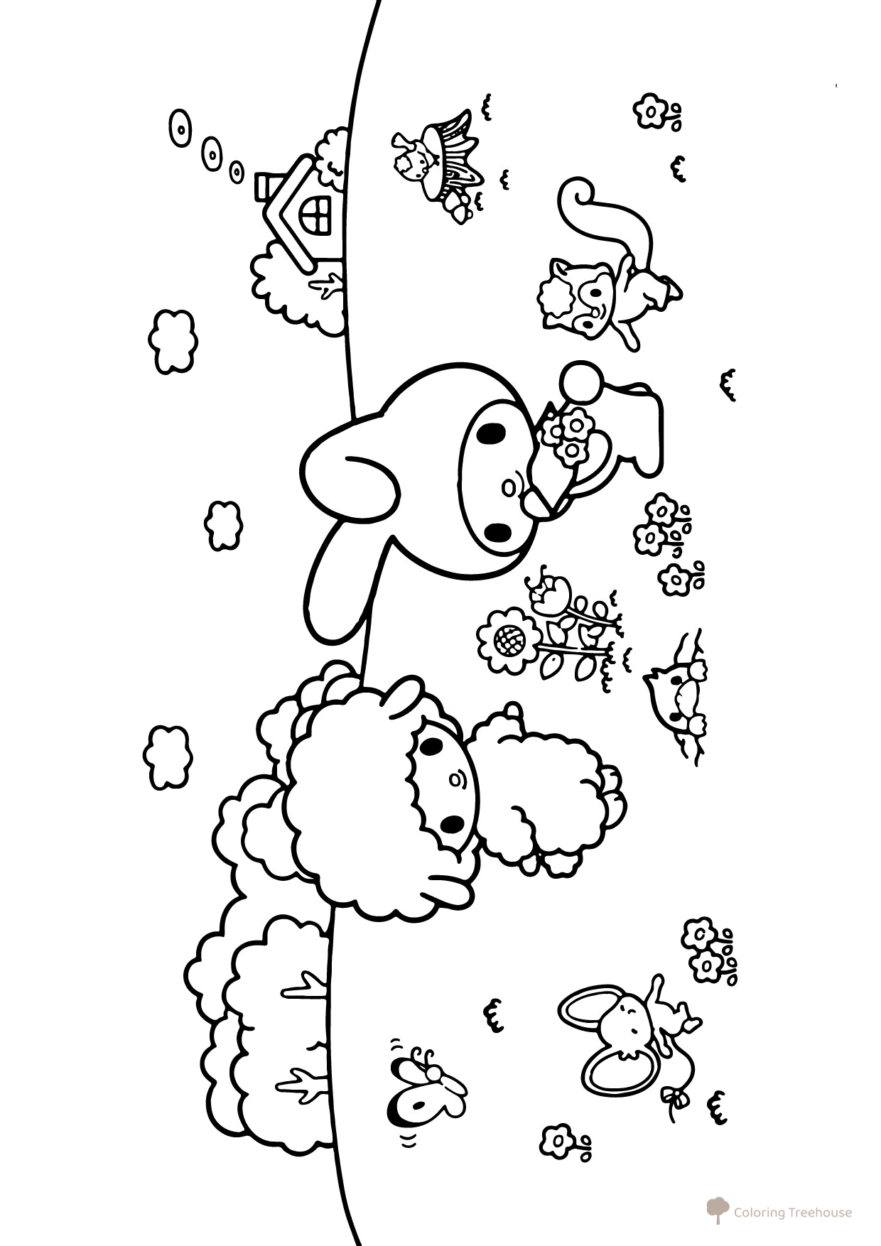 My Melody with Friends on the Meadow Coloring Page free printable Kuromi and My Melody Coloring Pages coloring page