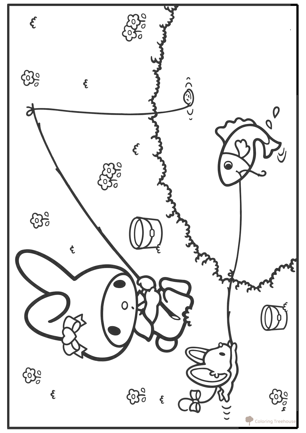 My Melody Coloring Page with a Little Mouse Fishing free printable Kuromi and My Melody Coloring Pages coloring page