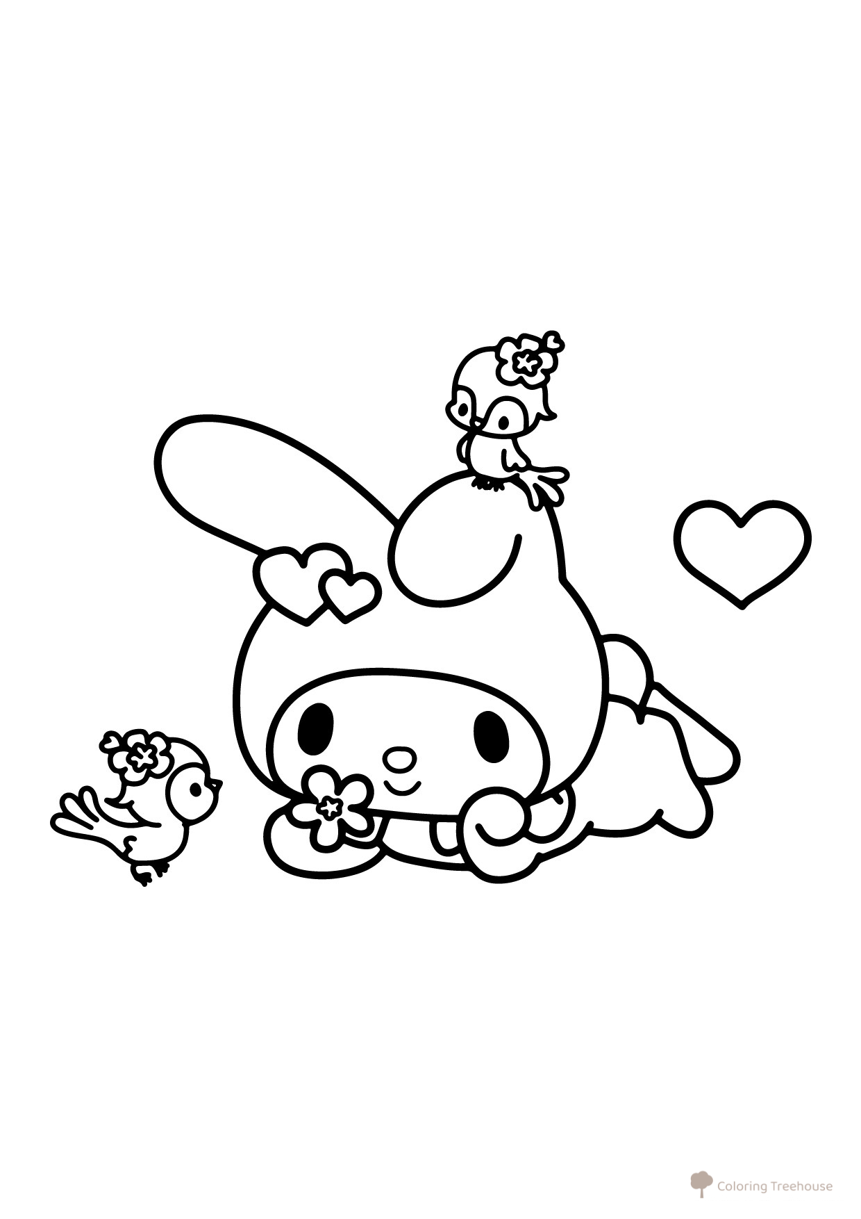 My Melody Coloring Page with Birds free printable Kuromi and My Melody Coloring Pages coloring page