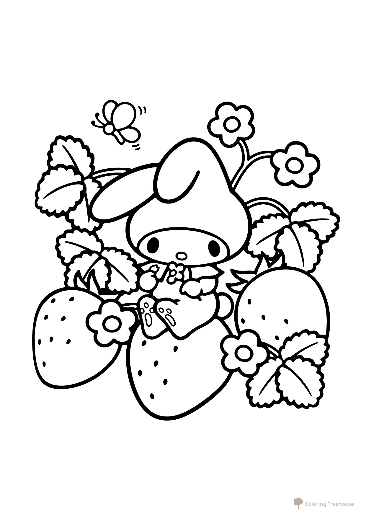 My Melody in a Strawberry Bush Coloring Page free printable Kuromi and My Melody Coloring Pages coloring page