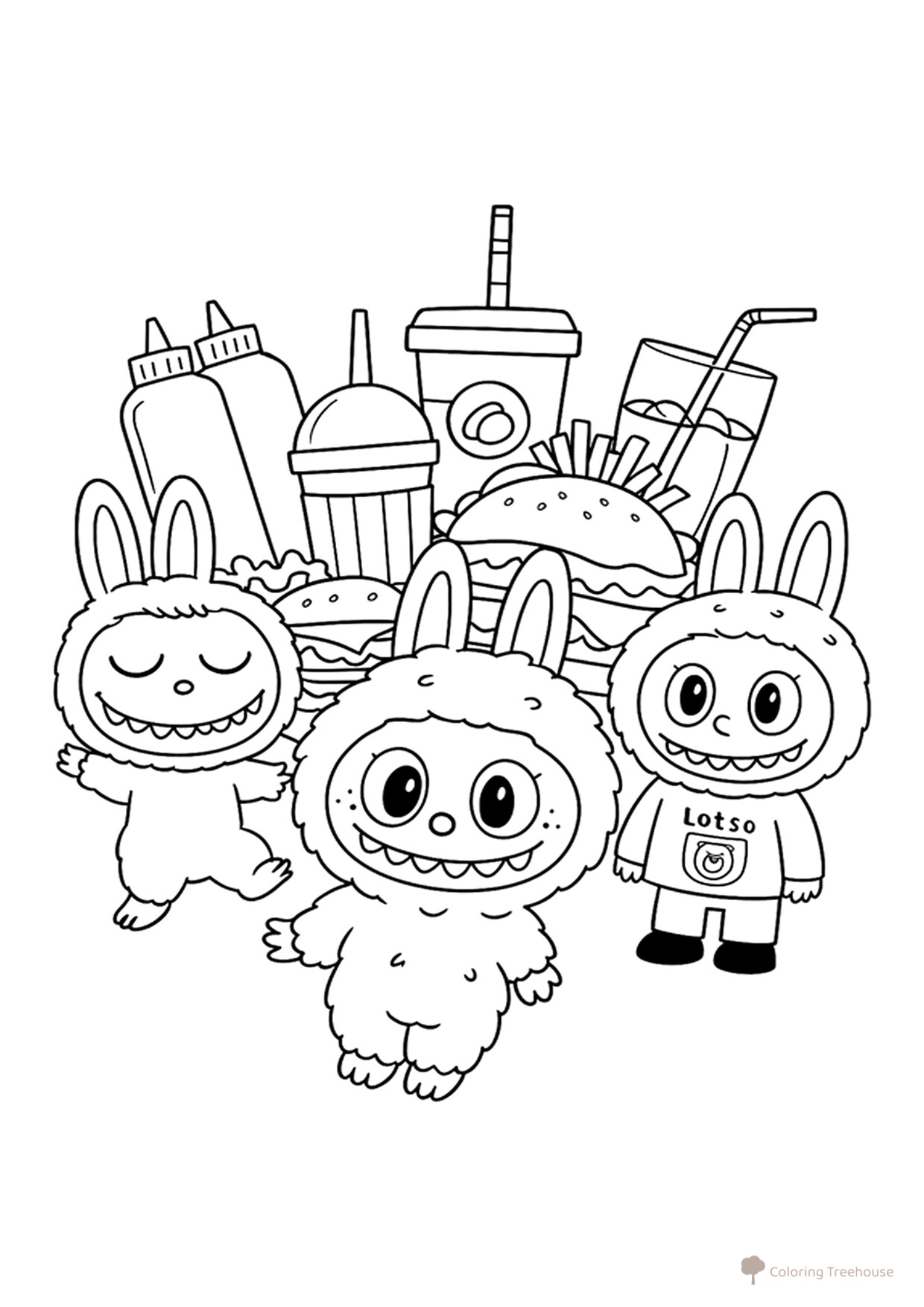 Labubu and Fast Food Coloring Page free printable Labubu Coloring Pages coloring page