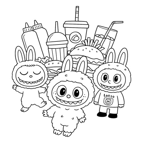 Labubu and Fast Food Coloring Page free printable Labubu Coloring Pages coloring page