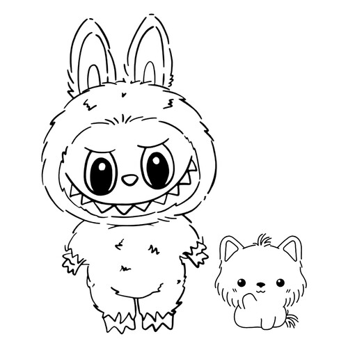 Página para colorear «Labubu y el gatito» dibujo para colorear gratis de Láminas para colorear de Labubu