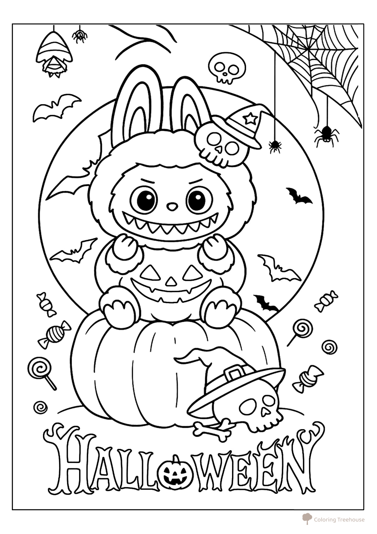 Página para colorear «Labubu en Halloween» dibujo para colorear gratis de Láminas para colorear de Labubu