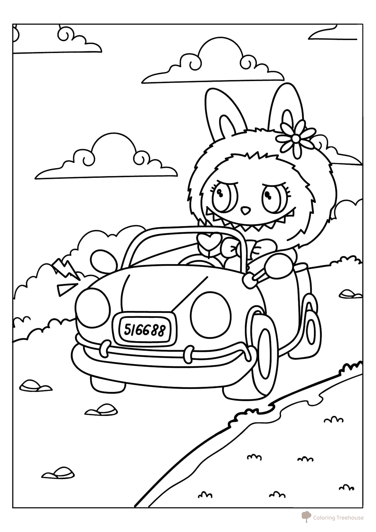 Página para colorear «Labubu en el coche» dibujo para colorear gratis de Láminas para colorear de Labubu