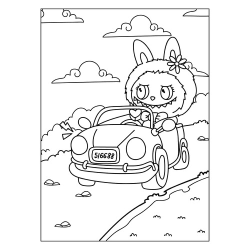 Página para colorear «Labubu en el coche» dibujo para colorear gratis de Láminas para colorear de Labubu