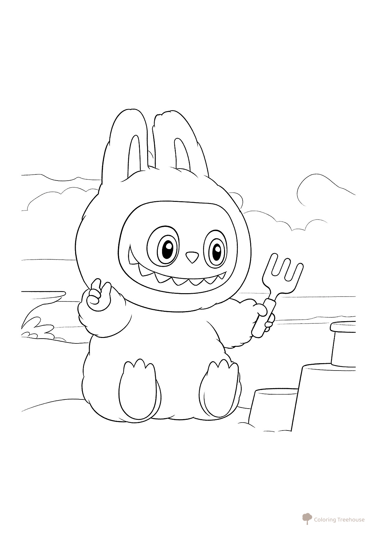 Página para colorear «Labubu en la playa» dibujo para colorear gratis de Láminas para colorear de Labubu