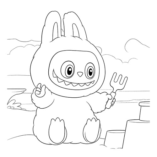 Página para colorear «Labubu en la playa» dibujo para colorear gratis de Láminas para colorear de Labubu