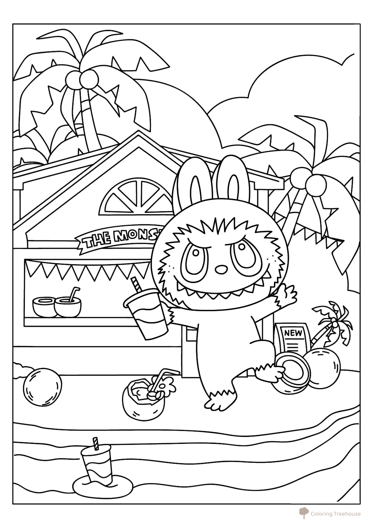Labubu on the Beach with Coconuts Coloring Page free printable Labubu Coloring Pages coloring page