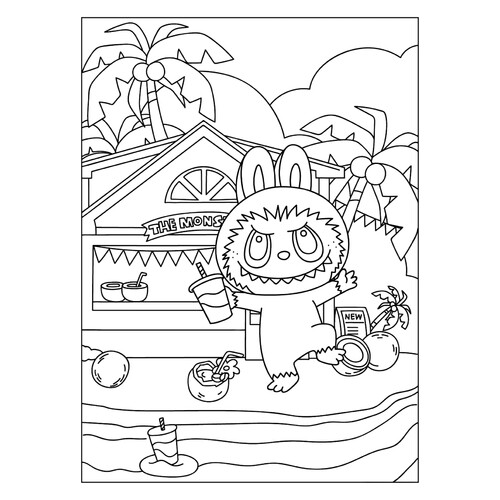 Labubu on the Beach with Coconuts Coloring Page free printable Labubu Coloring Pages coloring page