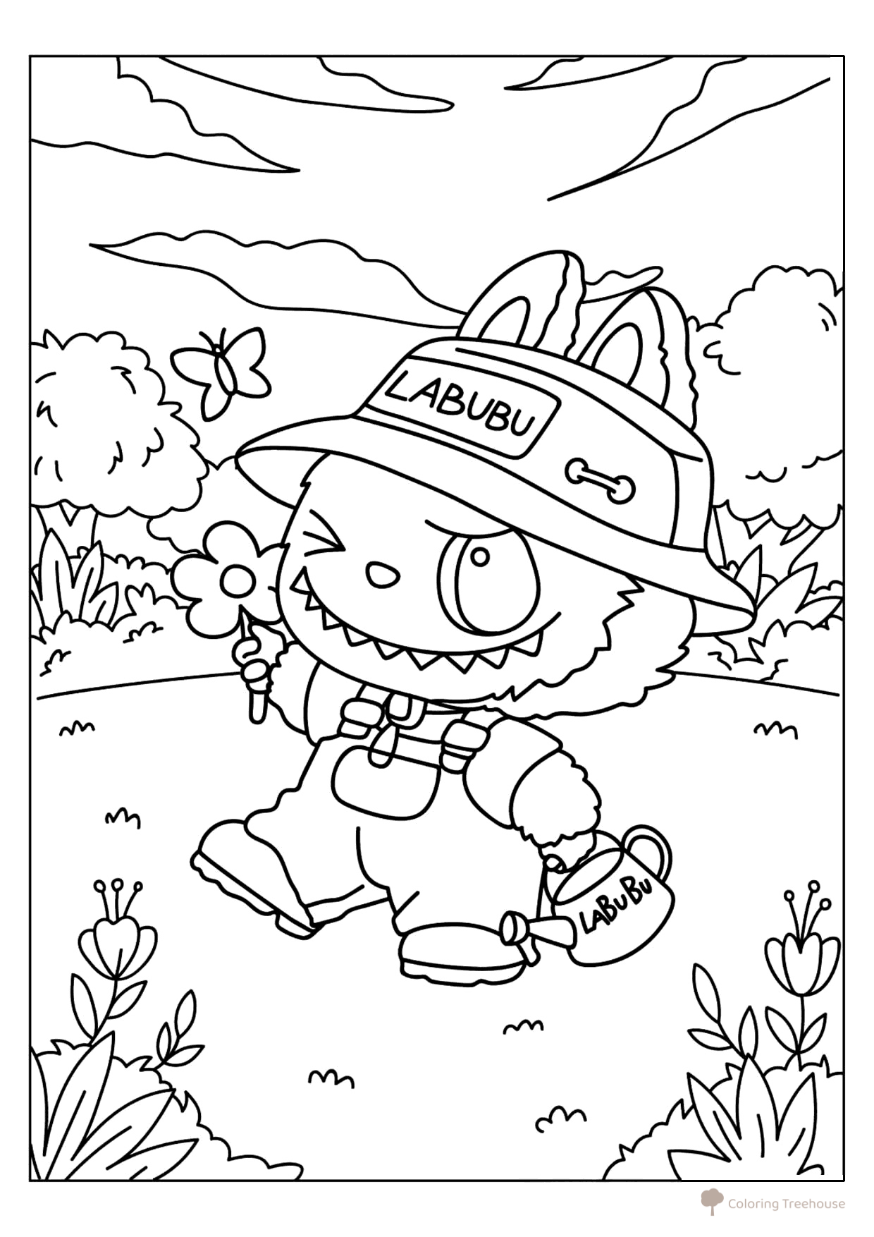 Labubu in a Field with a Watering Can Coloring Page free printable Labubu Coloring Pages coloring page