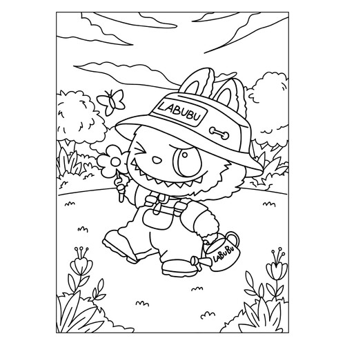 Labubu in a Field with a Watering Can Coloring Page free printable Labubu Coloring Pages coloring page