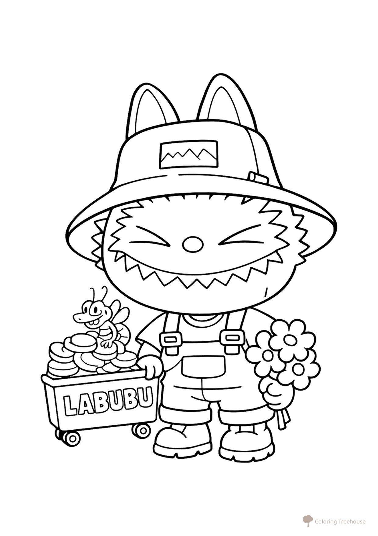 Labubu with Coins and Flowers Coloring Page free printable Labubu Coloring Pages coloring page