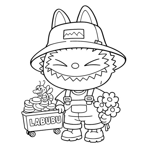Labubu with Coins and Flowers Coloring Page free printable Labubu Coloring Pages coloring page