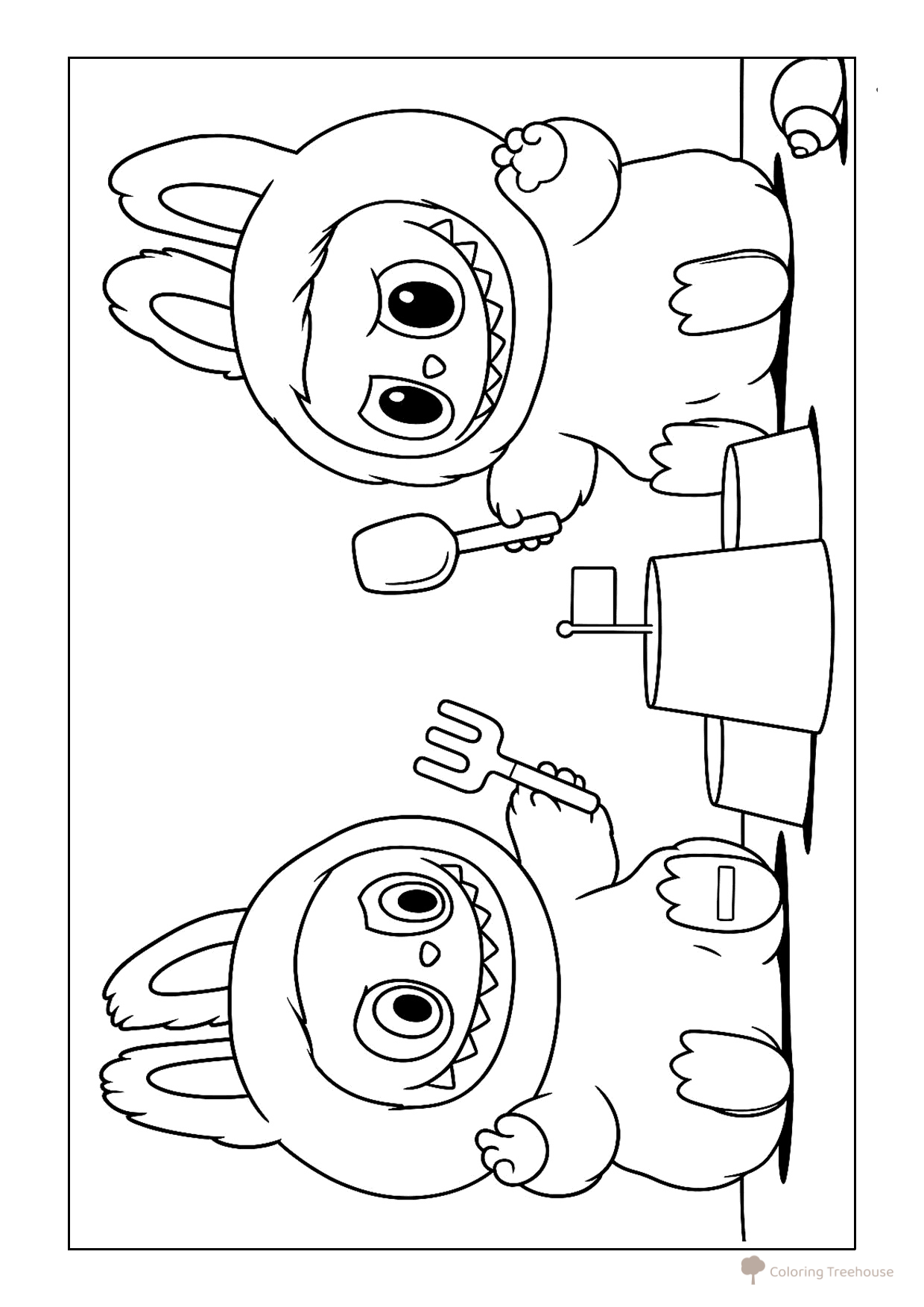 Página para colorear «Labubu con su amiga en la playa» dibujo para colorear gratis de Láminas para colorear de Labubu