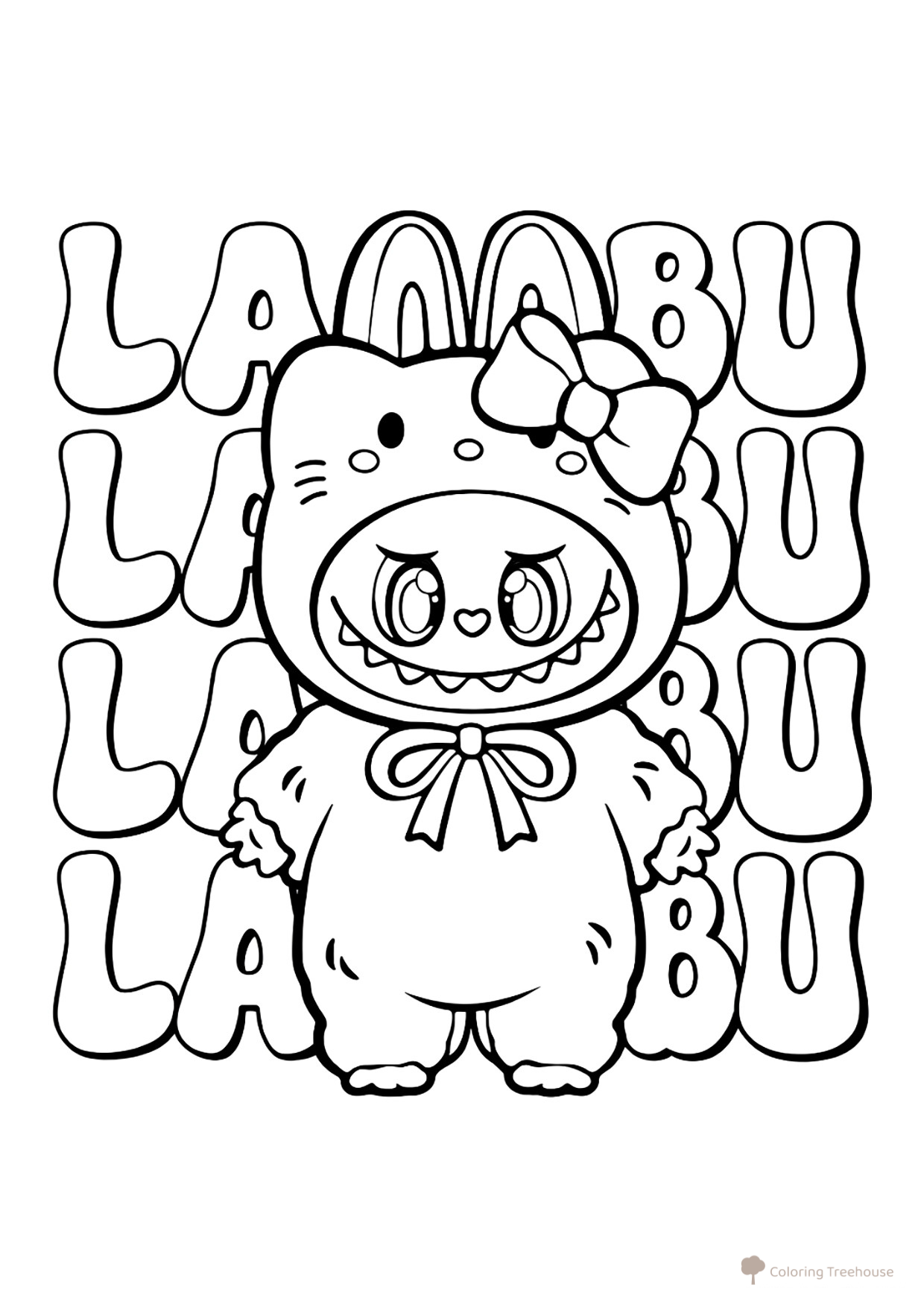 Labubu in a Hello Kitty Kigurumi Coloring Page free printable Labubu Coloring Pages coloring page