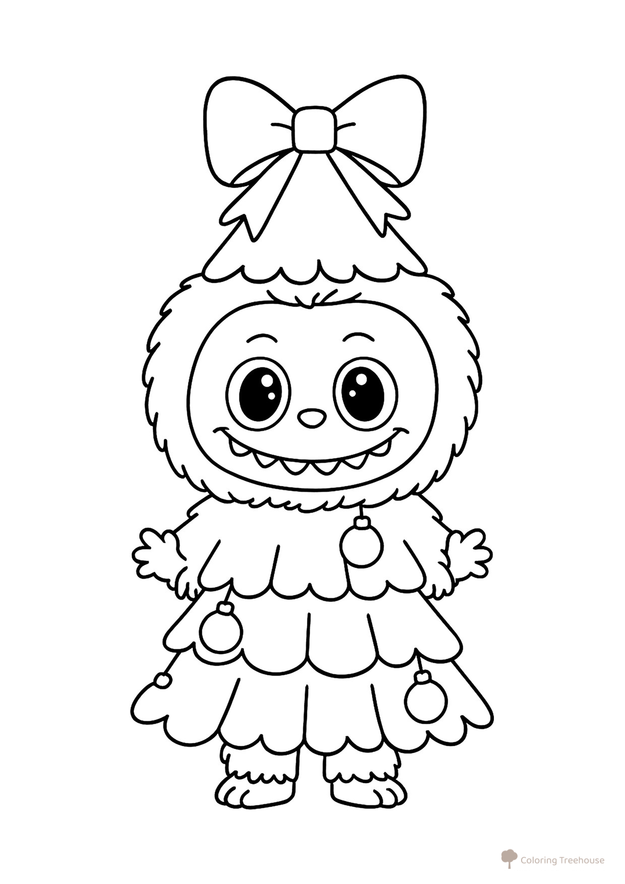 Página para colorear «Labubu con disfraz de árbol de Navidad» dibujo para colorear gratis de Láminas para colorear de Labubu