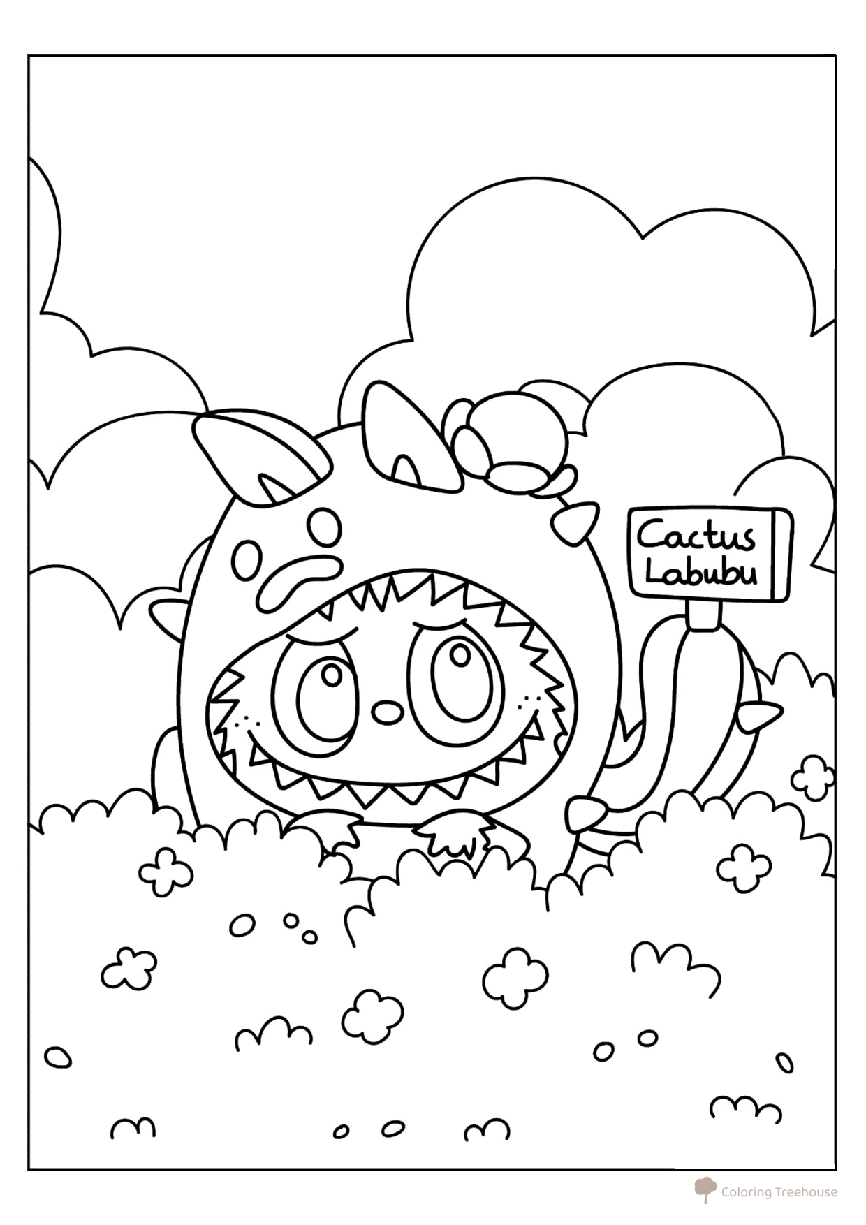 Página para colorear «Labubu con disfraz de cactus» dibujo para colorear gratis de Láminas para colorear de Labubu