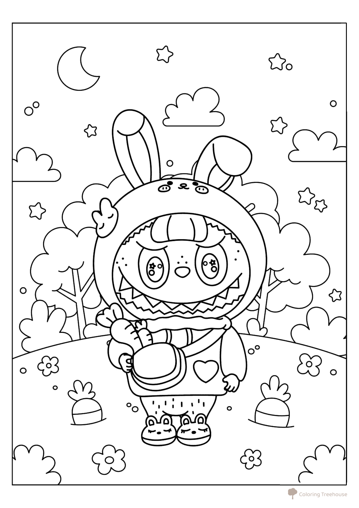 Página para colorear «Labubu con traje de conejo» dibujo para colorear gratis de Láminas para colorear de Labubu