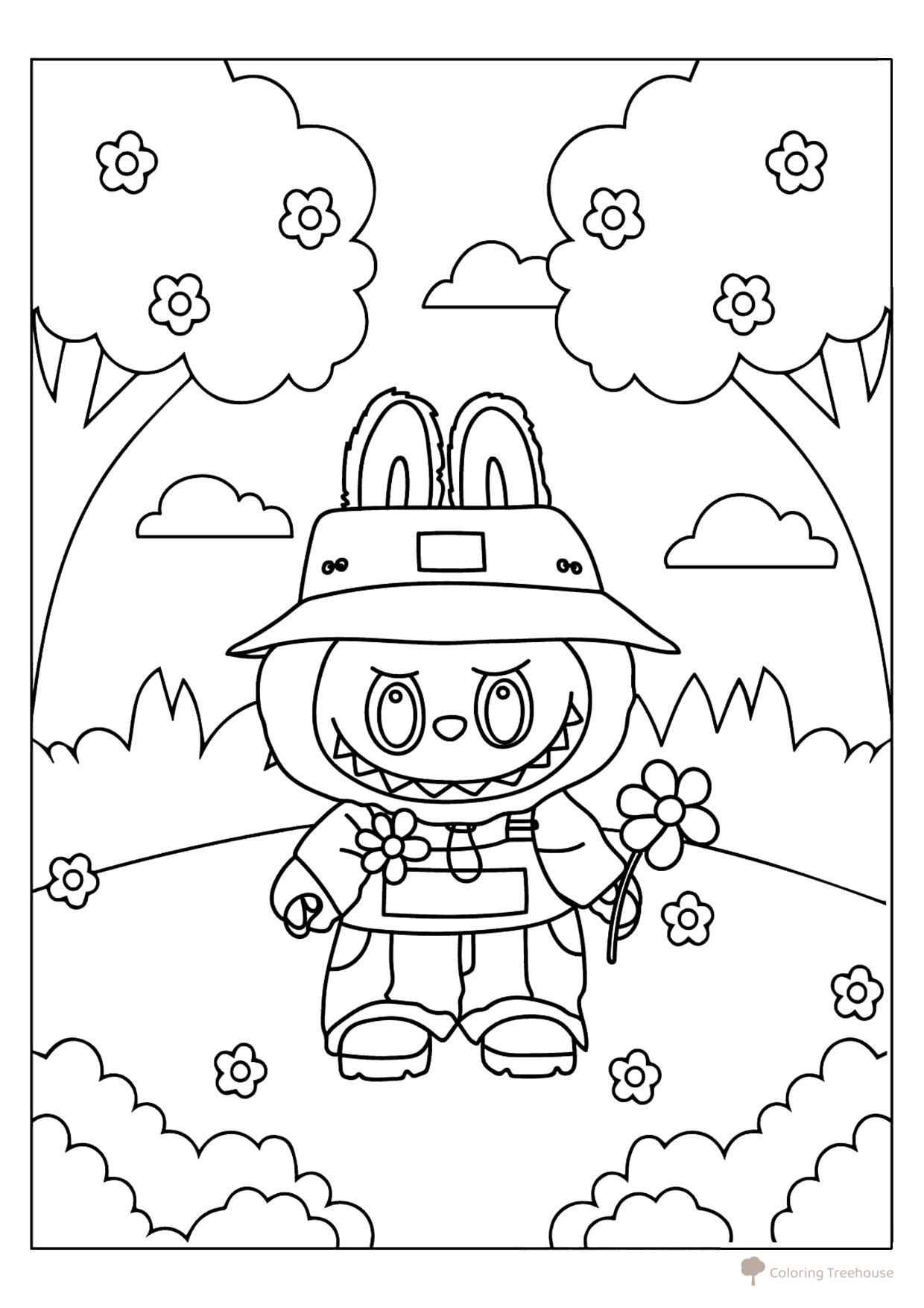 Página para colorear «Labubu en el bosque» dibujo para colorear gratis de Láminas para colorear de Labubu