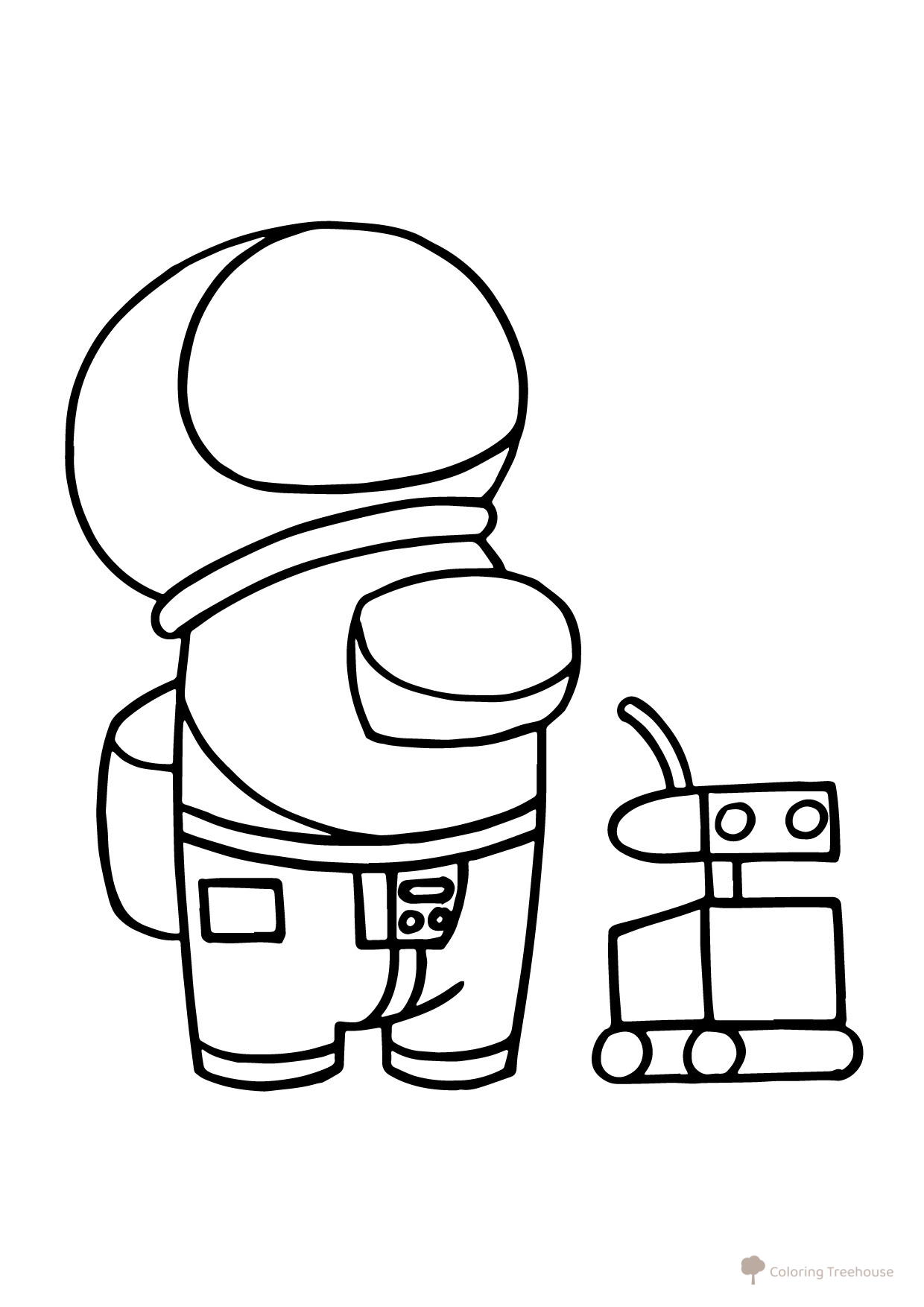 Página para colorear de Among Us: personaje con casco de astronauta y mascota robot dibujo para colorear gratis de Páginas para colorear de Among Us
