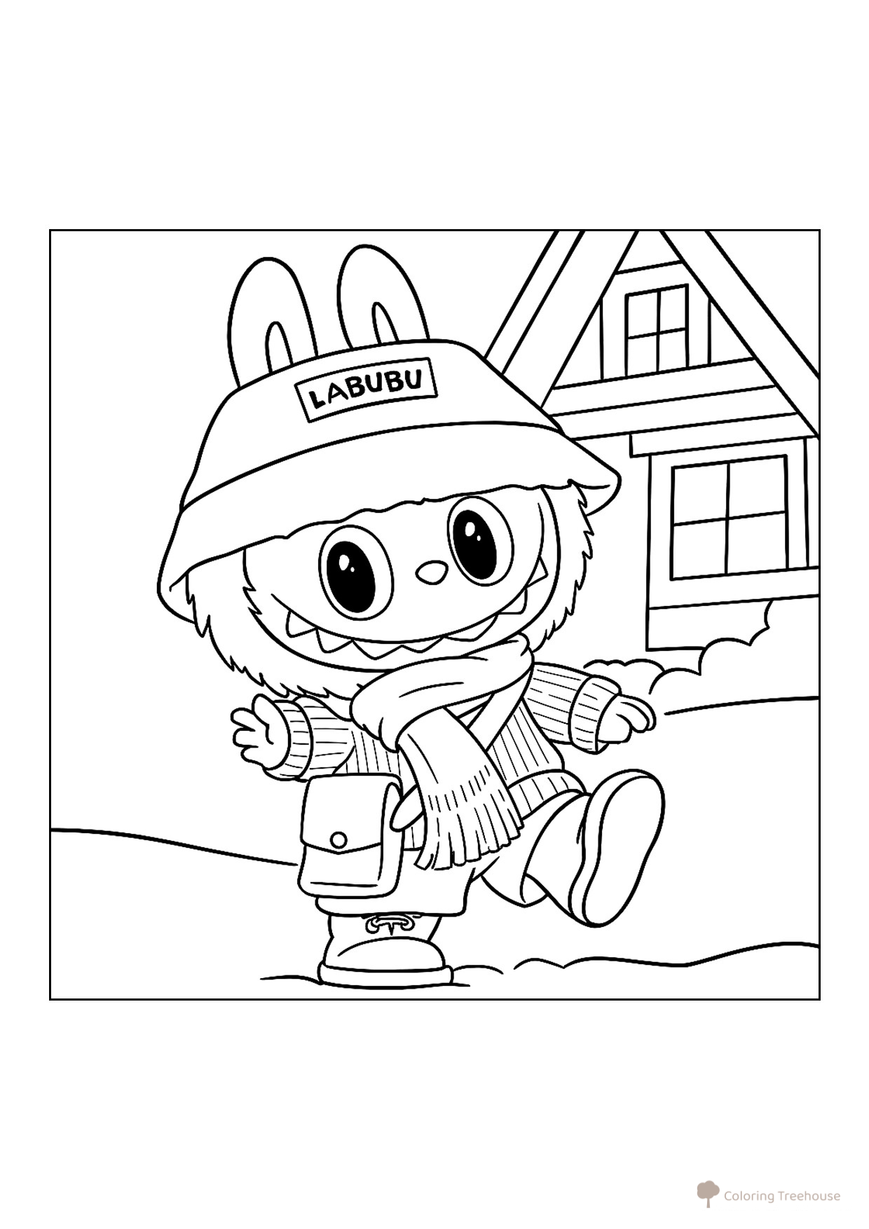 Labubu in a Hat and Scarf Coloring Page free printable Labubu Coloring Pages coloring page