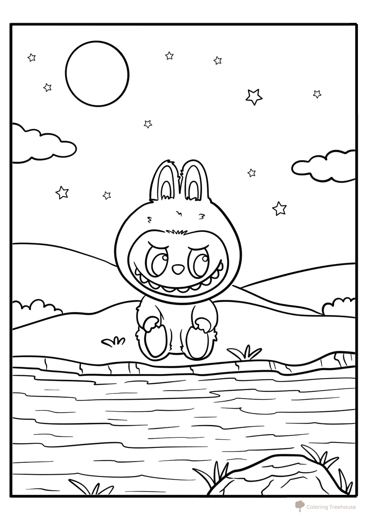 Labubu by the River Coloring Page free printable Labubu Coloring Pages coloring page