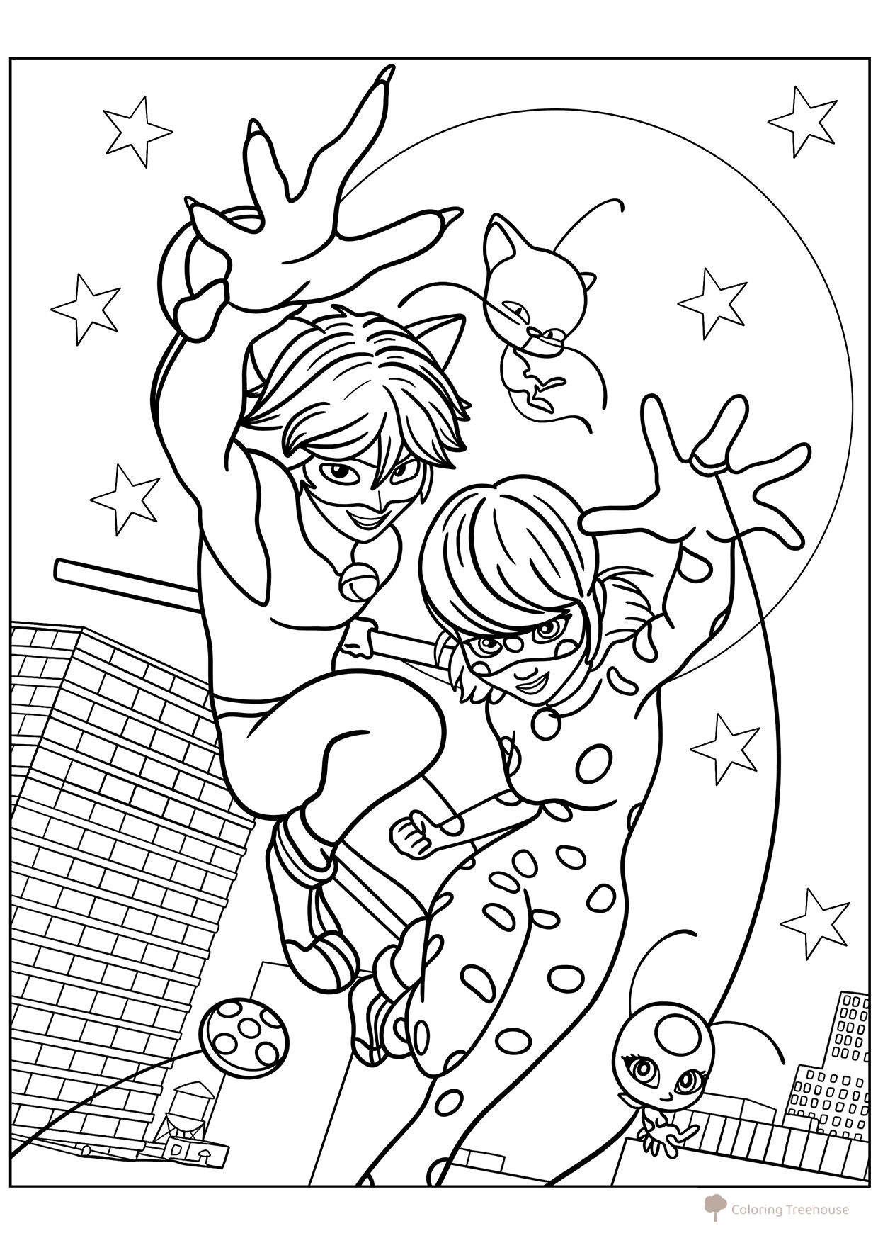Wonderful Ladybug and Super Cat Coloring Page free printable Miraculous Ladybug and Cat Noir Coloring Pages coloring page