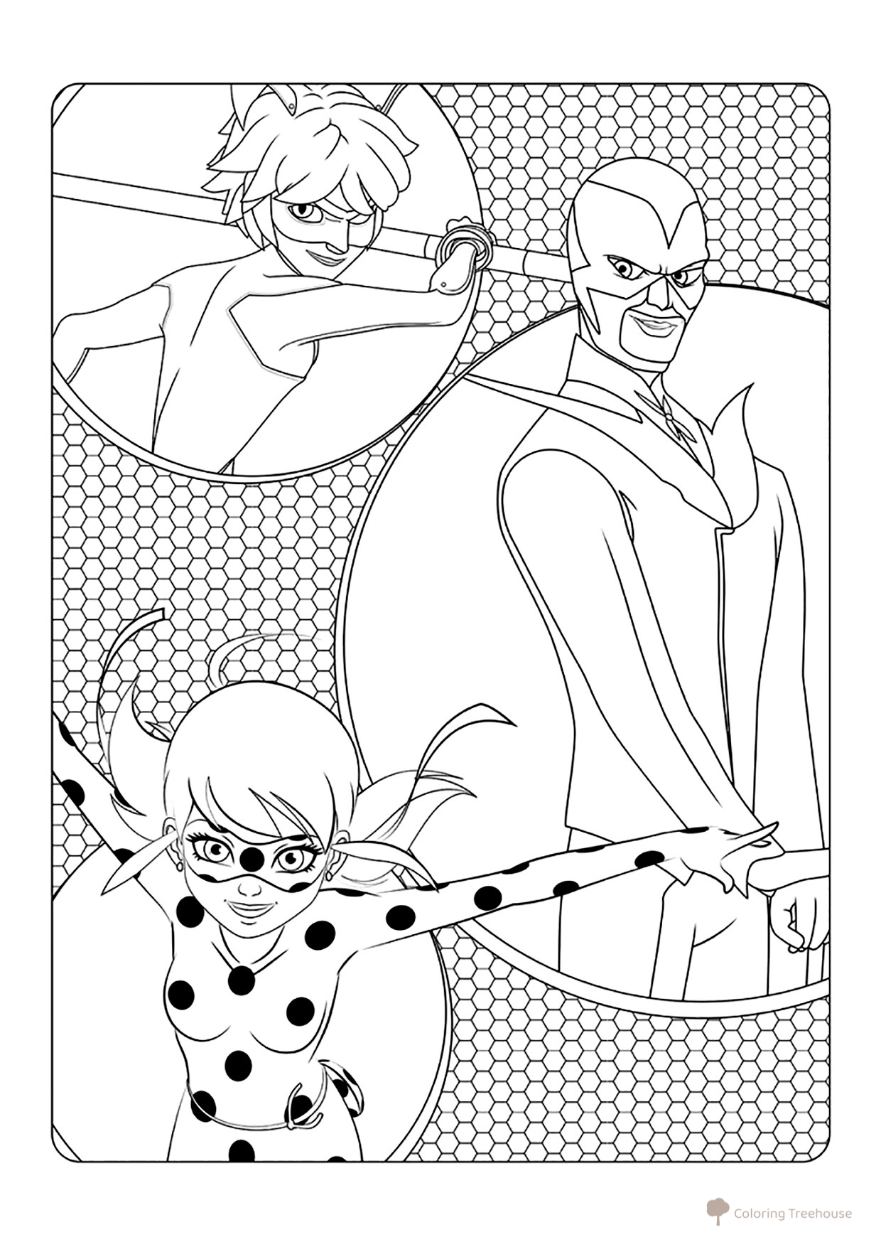 Página para colorear Ladybug, Hawk Moth y Cat Noir dibujo para colorear gratis de Páginas para colorear de Ladybug y Cat Noir