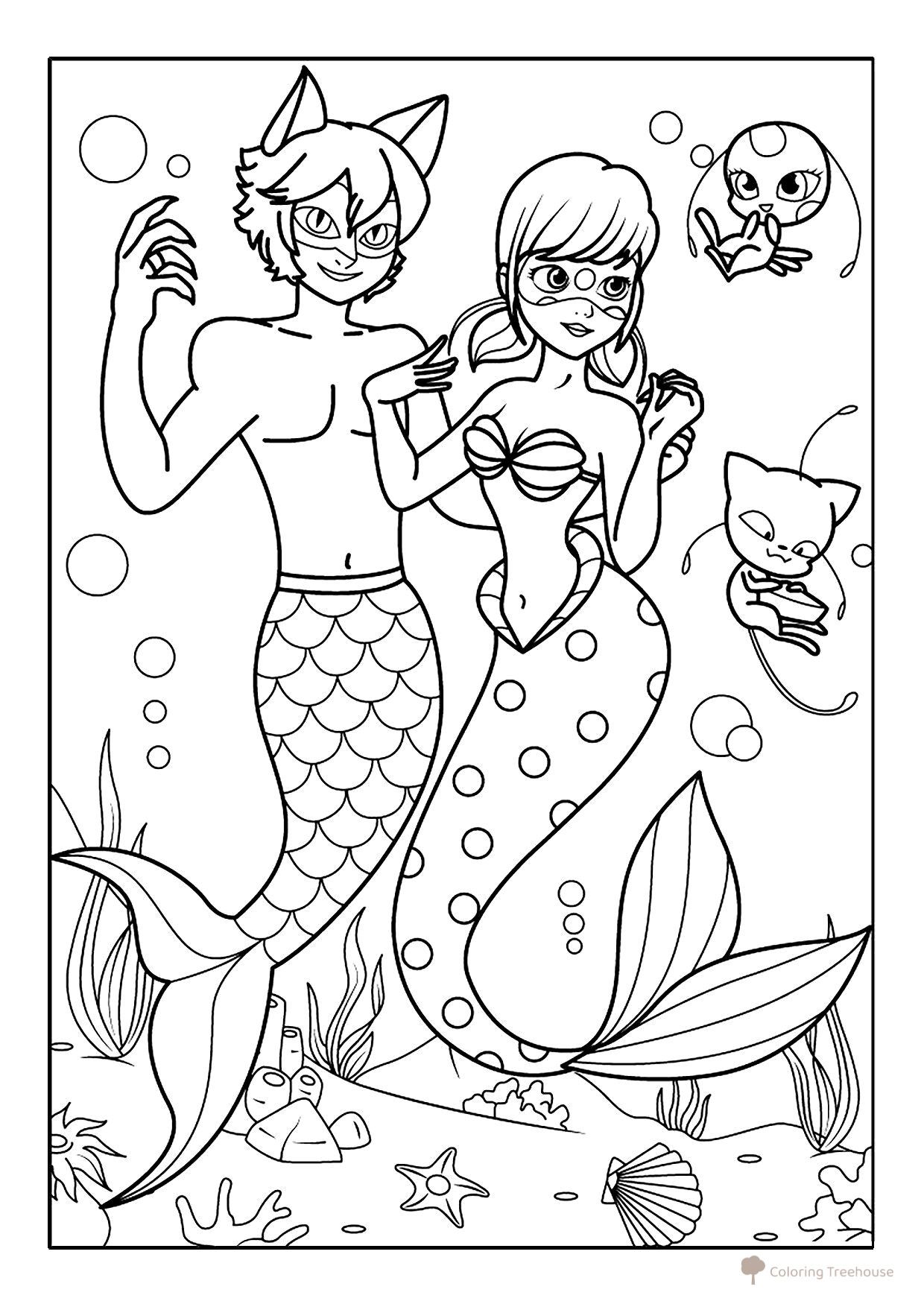 Ladybug and Cat Noir as Mermaids Coloring Page free printable Miraculous Ladybug and Cat Noir Coloring Pages coloring page