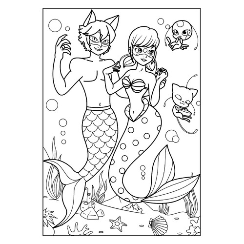 Ladybug and Cat Noir as Mermaids Coloring Page free printable Miraculous Ladybug and Cat Noir Coloring Pages coloring page