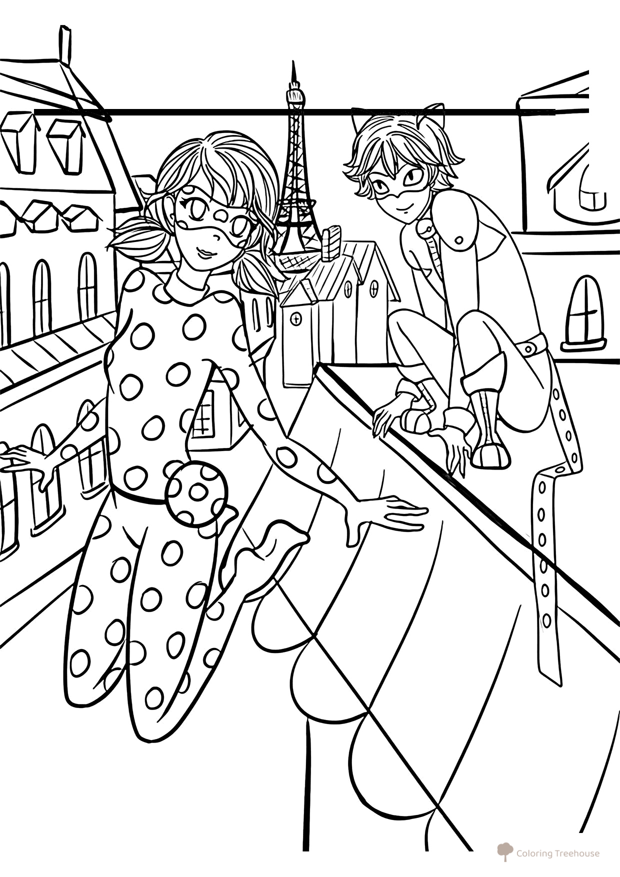 Libro para colorear: Ladybug y Cat Noir en París dibujo para colorear gratis de Páginas para colorear de Ladybug y Cat Noir