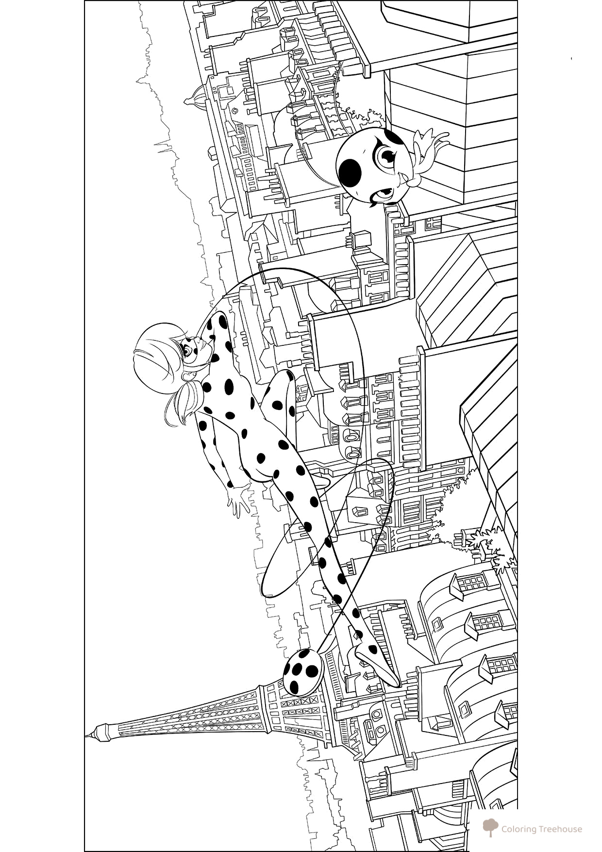 Ladybug Flying Over Paris Coloring Page free printable Miraculous Ladybug and Cat Noir Coloring Pages coloring page